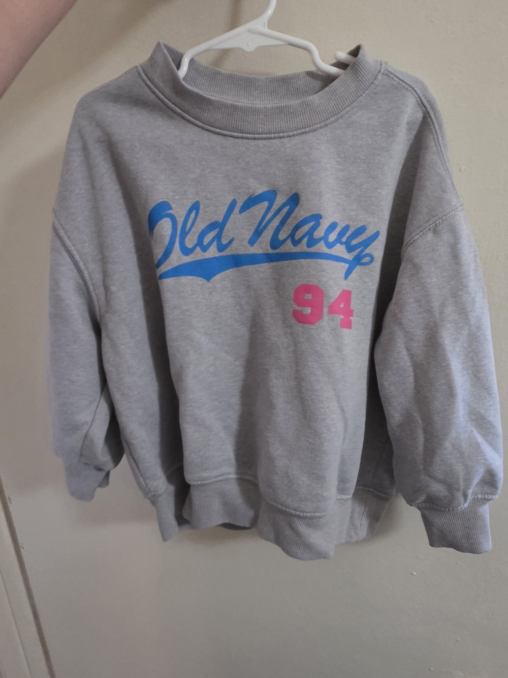 Old Navy Gray Crewneck Sweatshirt with Blue Logo and Pink Accent